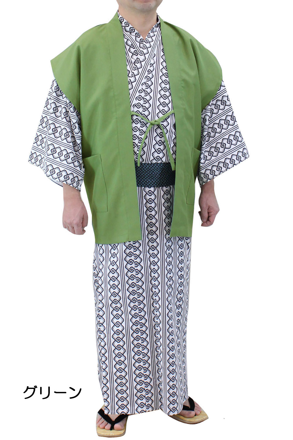 ロボホン 服 濃緑 あられ模様 きもの+袖無し羽織セット 洗える～けんろくのきもの お買得 茶羽織